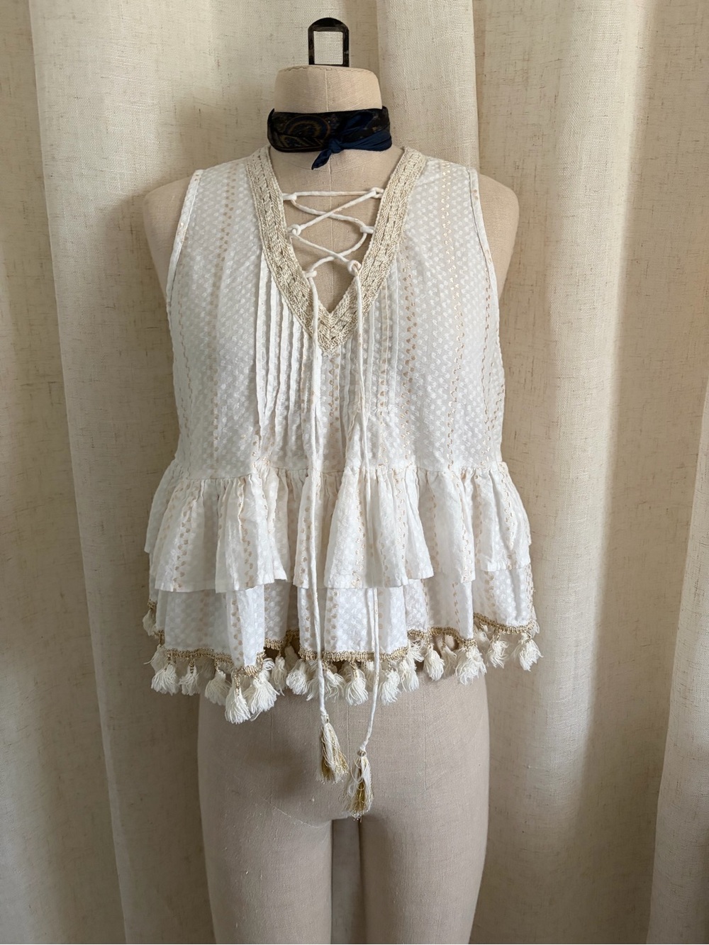 RAGA Cream Lace-Up Tassel Peplum Camisole M